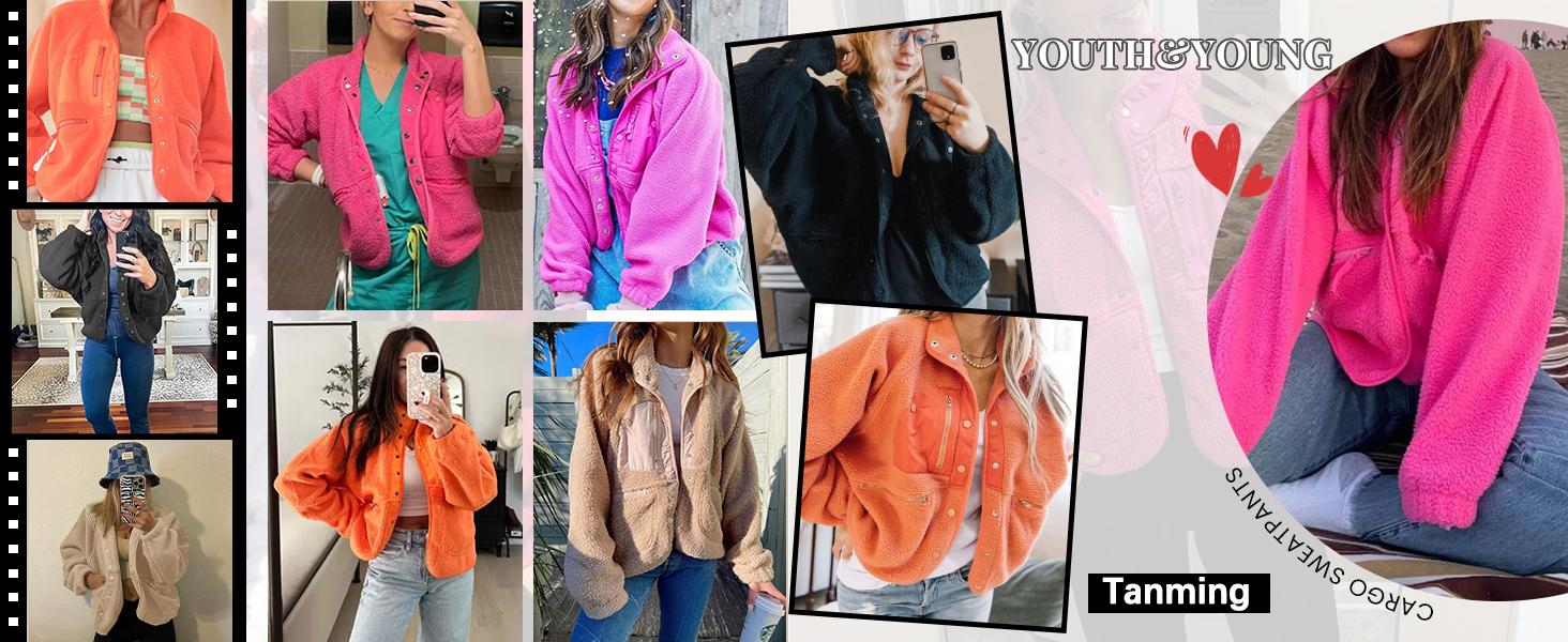 Tanming Women's TikTokShopBlackFriday Sherpa Jacket Button Down Fuzzy Fleece Patchwork Bomber Jackets Shacket Teddy Coat Outerwear