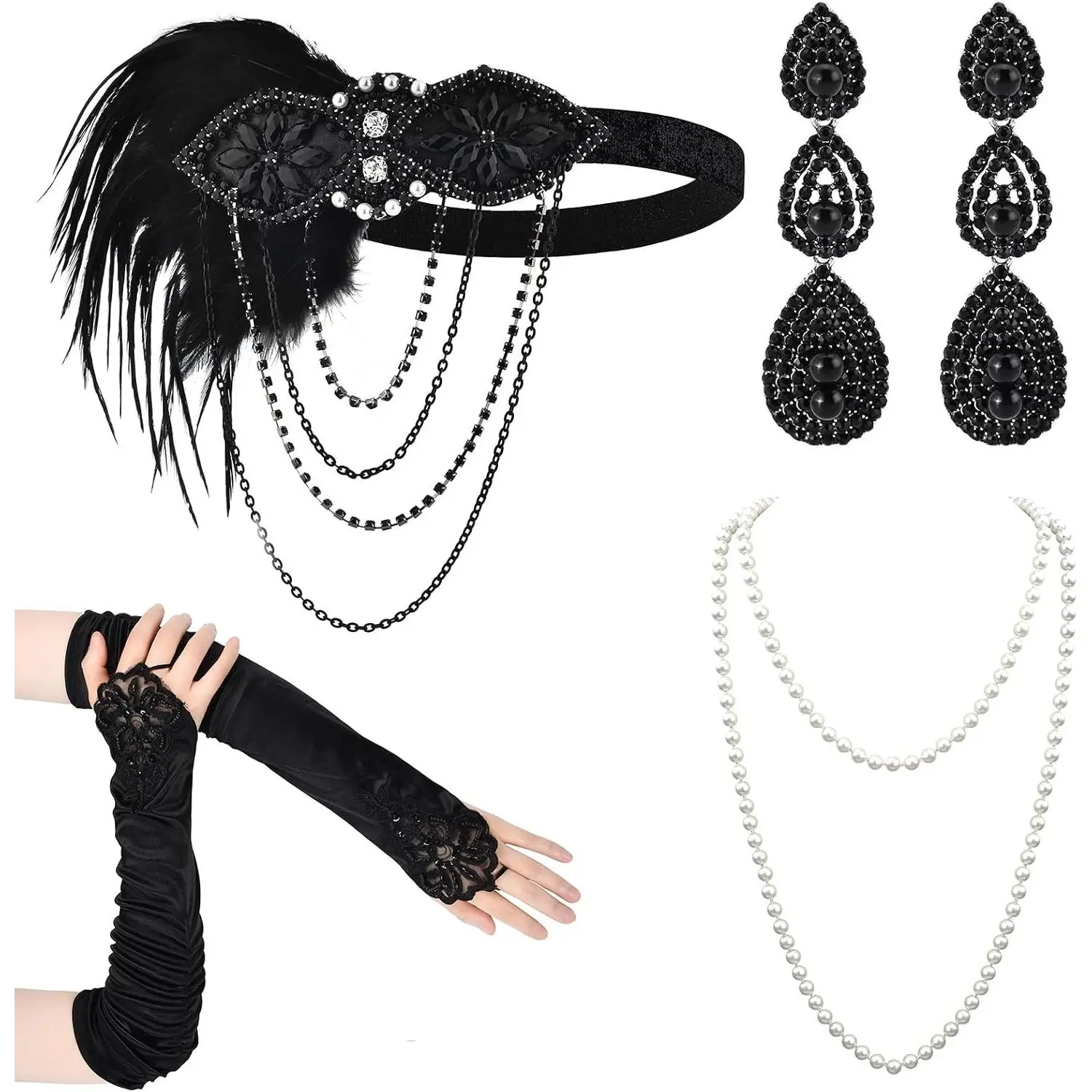 1920s Flapper Costume Accessories Set with Headband, Beaded Necklaces, Earrings & Gloves for Vintage Wedding(Gift)