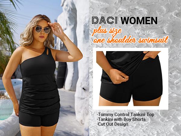 Daci Women Plus Size Tankini Swimsuit Two Piece Tummy Control Bathing Suits One Shoulder Swimwear with Shorts