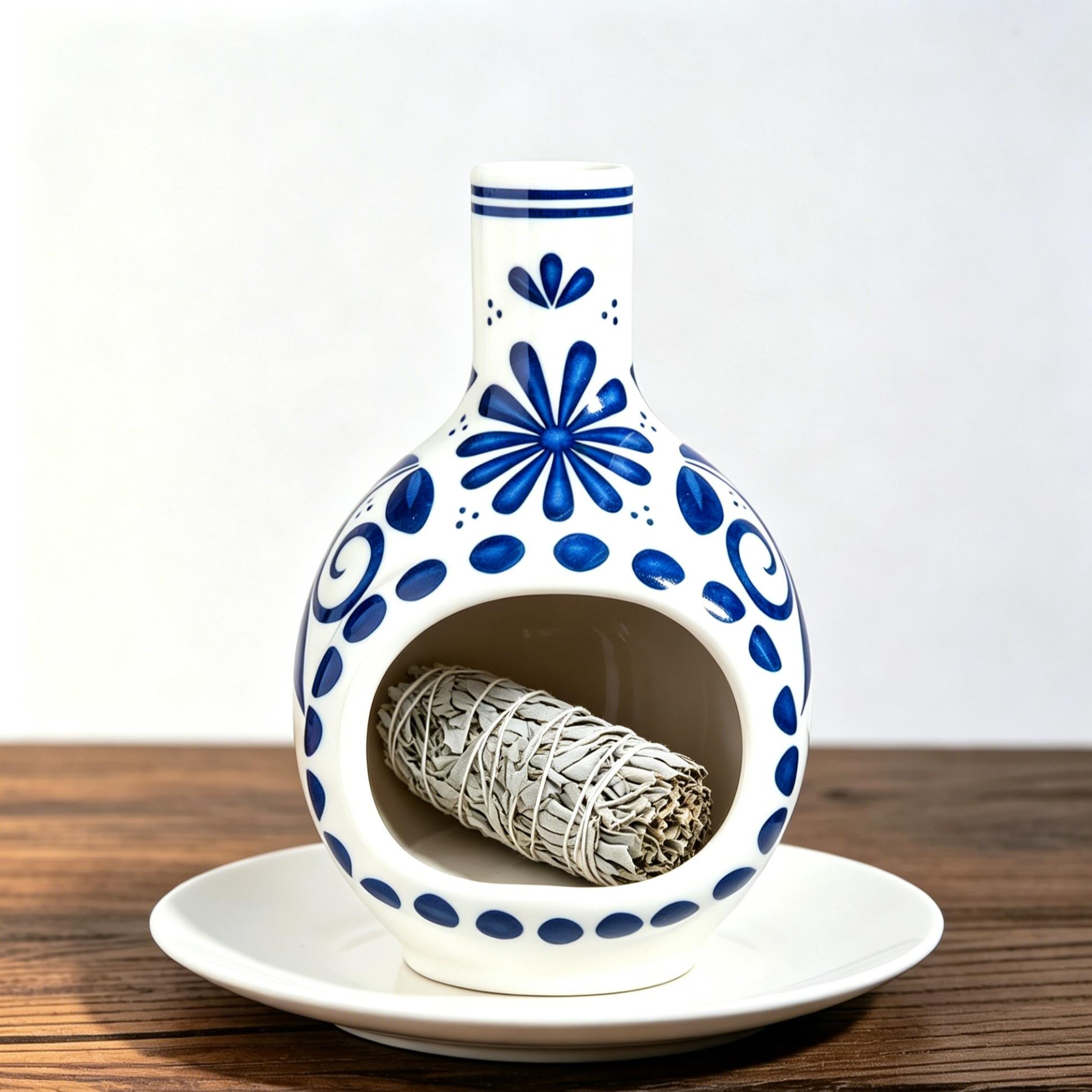 2-Piece set Mini Chimney Incense Burner Set with Round White Ceramic Tray, Handmade Ceramic Palo Santo Sage Holder, Heat-Resistant Decorative Censer for Stick Incense and Smudge, Meditation Yoga Home Decor Spiritual Gift for Relaxation Ritual