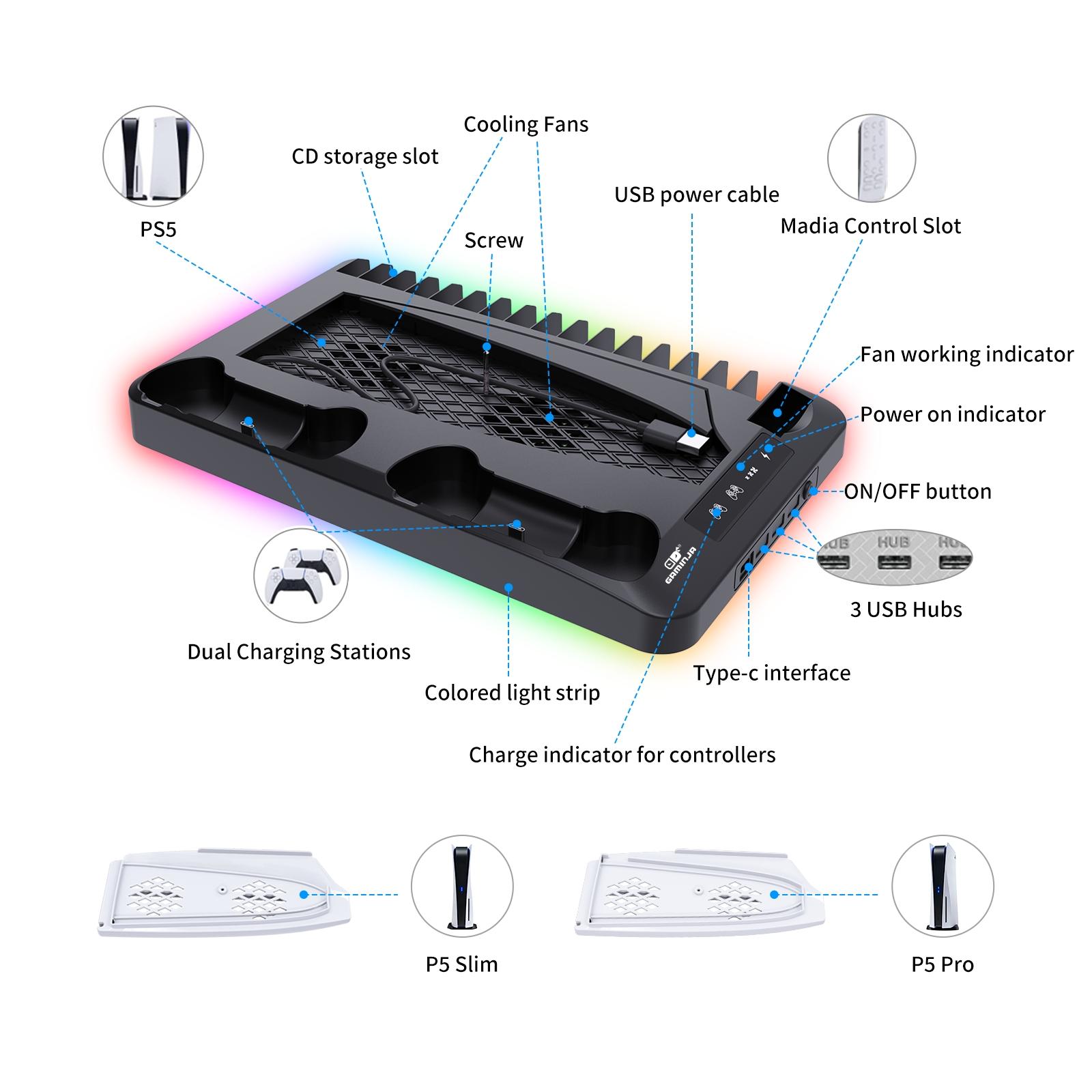 GAMINJA P58 Charging Base Cooling Bracket Compatible With PS5 Console, Vertical Stand Cooling Fan, Multi-functional Cooling & Charging Station for PS5 Slim Pro All Model Universal