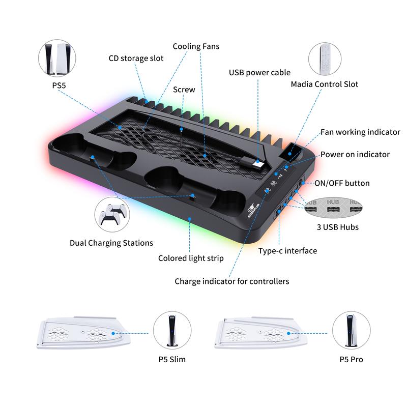 GAMINJA P58 Charging Base Cooling Bracket Compatible With PS5 Console, Vertical Stand Cooling Fan, Multi-functional Cooling & Charging Station for PS5 Slim Pro All Model Universal