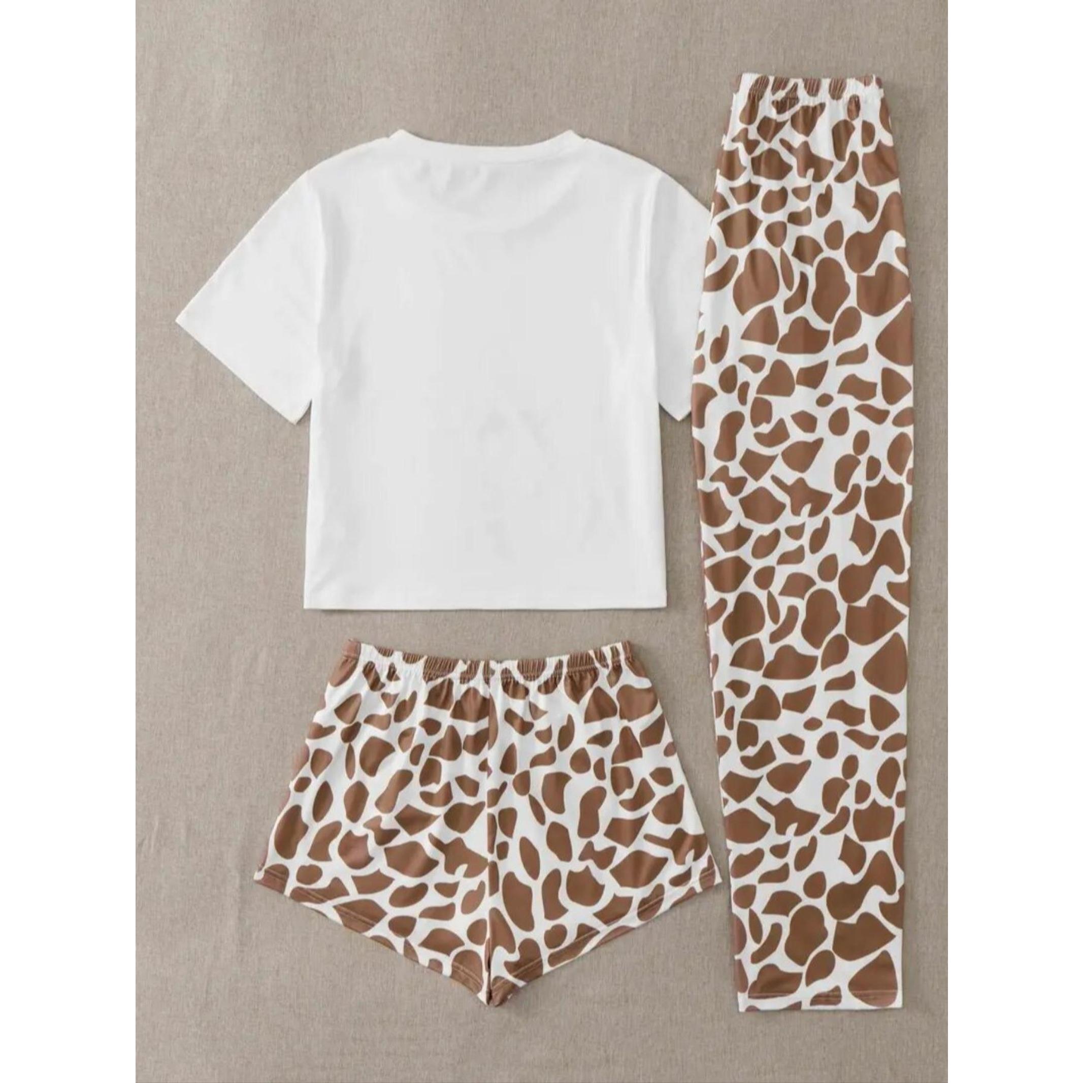 Women's Giraffe Print Short Sleeve Tee & Shorts & Pants Pyjama Set, Casual Comfy Round Neck Ladies Sleepwear Loungewear for All Seasons, Lightweight Casual Pajama Sets