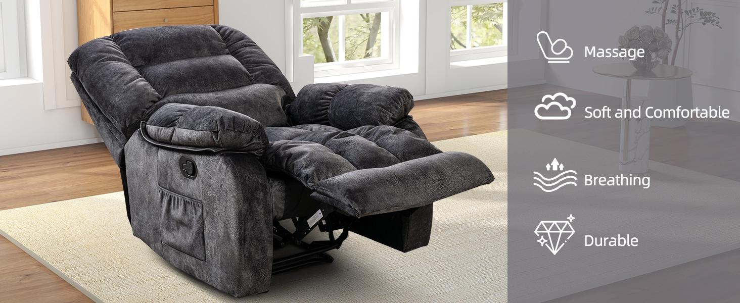 [SpringStatements] EBELLO Overstuffed Massage Recliner with Heat and Vibration, Soft Fabric Manual Reclining Chairs with Side Pocket for Living Room