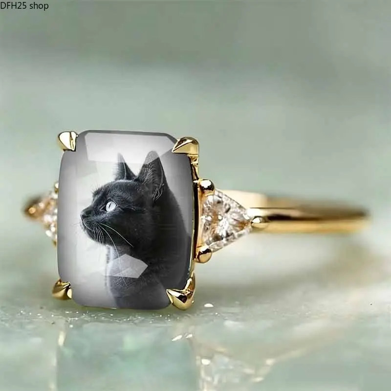 Cute Black Cat Ring With Vintage Animal Graphic Design, Square Statement Jewelry Accessory, Adjustable Fashion Ring for Women And Men Daily Casual Wear