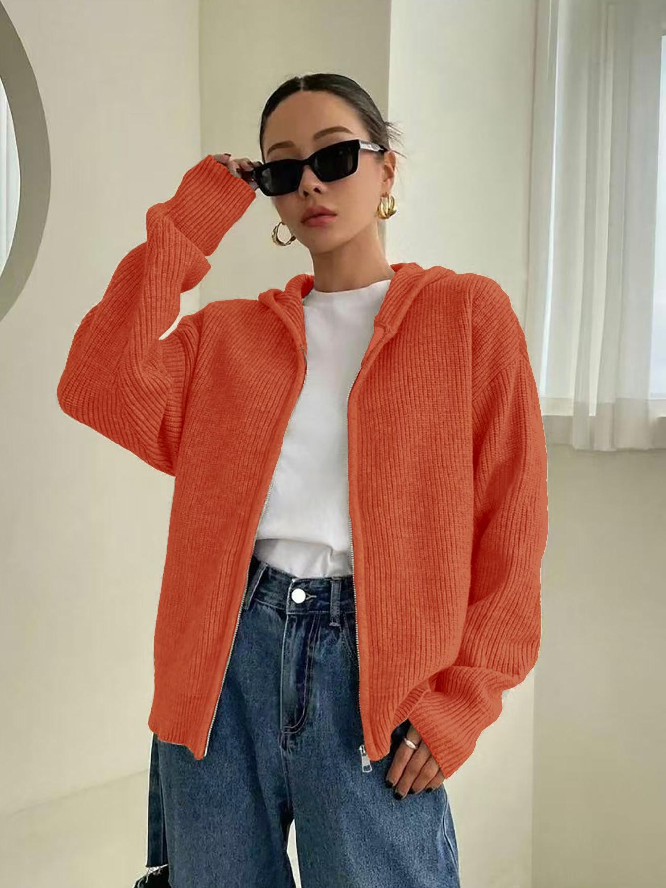 Women's Solid-Color Zip-Up Hooded Cardigan, Casual Fit Long Sleeve Knitwear for Fall & Winter, Ladies' Fashion Sweater for Daily Wear