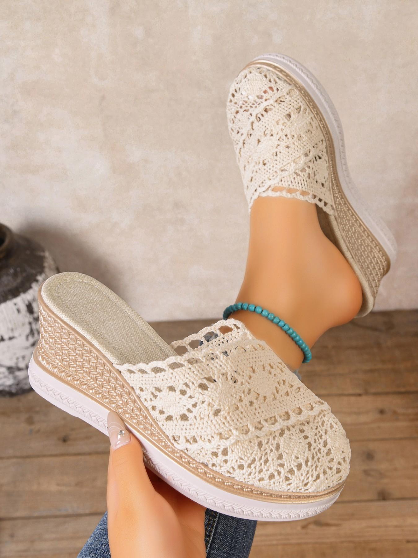 Women's Hollow Out Crochet Wedge Mules, Summer Straw Thick Sole Slip-On Sandals, Height-Boosting Slimming Outdoor Flip Flops