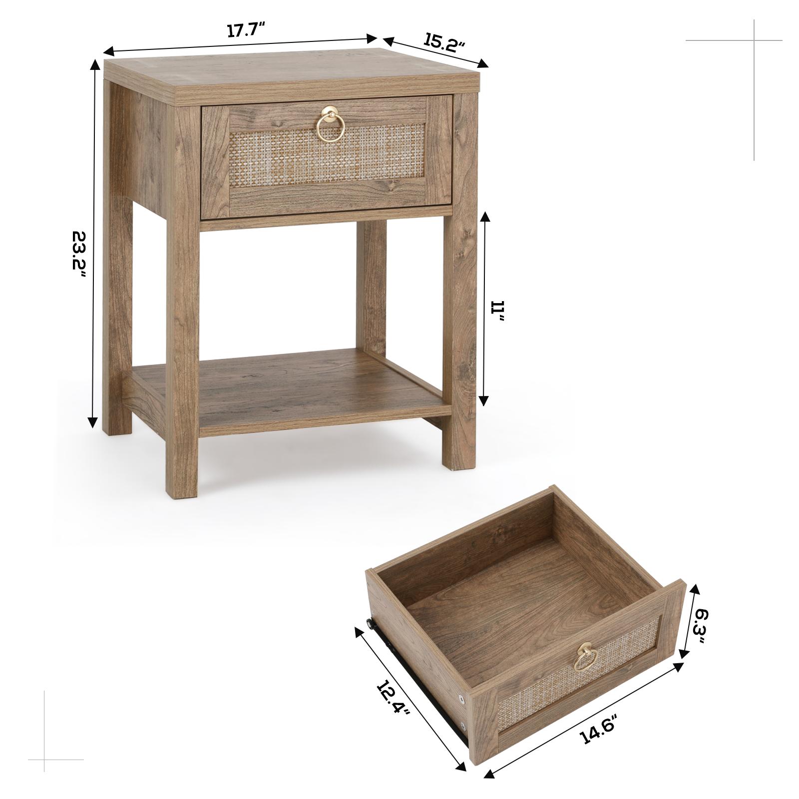 VOWNER Handmade Rattan Nightstand Set of 2, Mid Century Bedside Table with Storage Drawer and Open Shelf, Night Stand for Bedroom