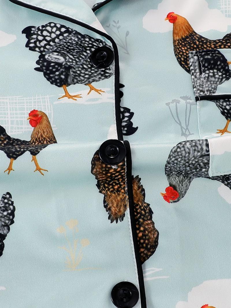 Women's Summer Cool Short Sleeve Sleepwear Set, 2 Piece Button Front Top and Elastic Shorts, Cartoon Chicken Print, All Seasons Comfortable Fit