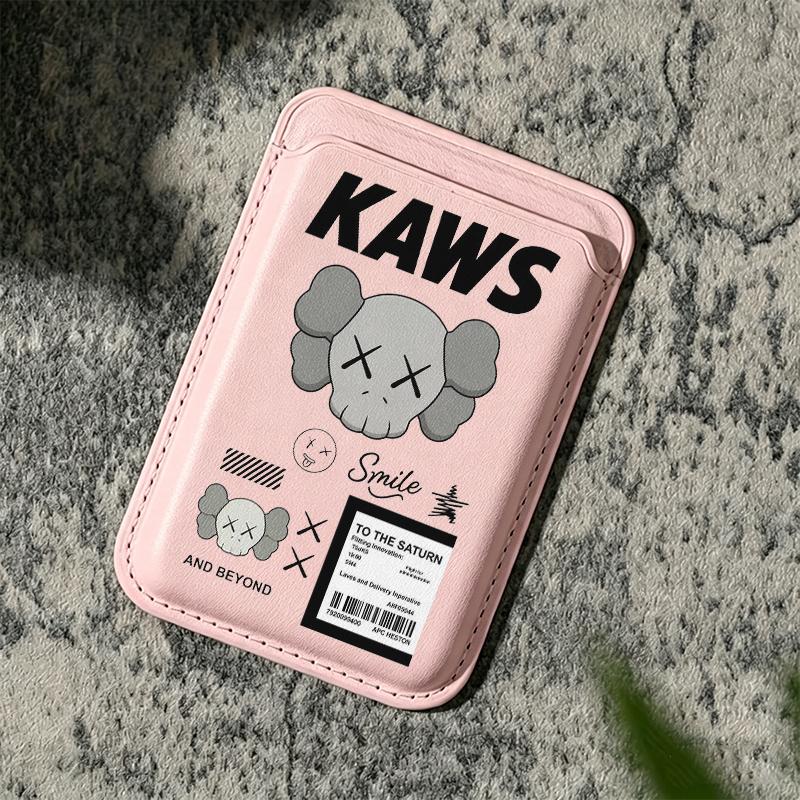 Trendy KAWS Collage Magnetic Smartphone Card Holder - Strong Polyurethane Leather Handheld Cover for iPhone 17/16/15/14/13/12, Samsung/Google/Motorola, Holds 2 Cards, Includes Free Metal Ring Adapter for Cellphone Protection, Mobile