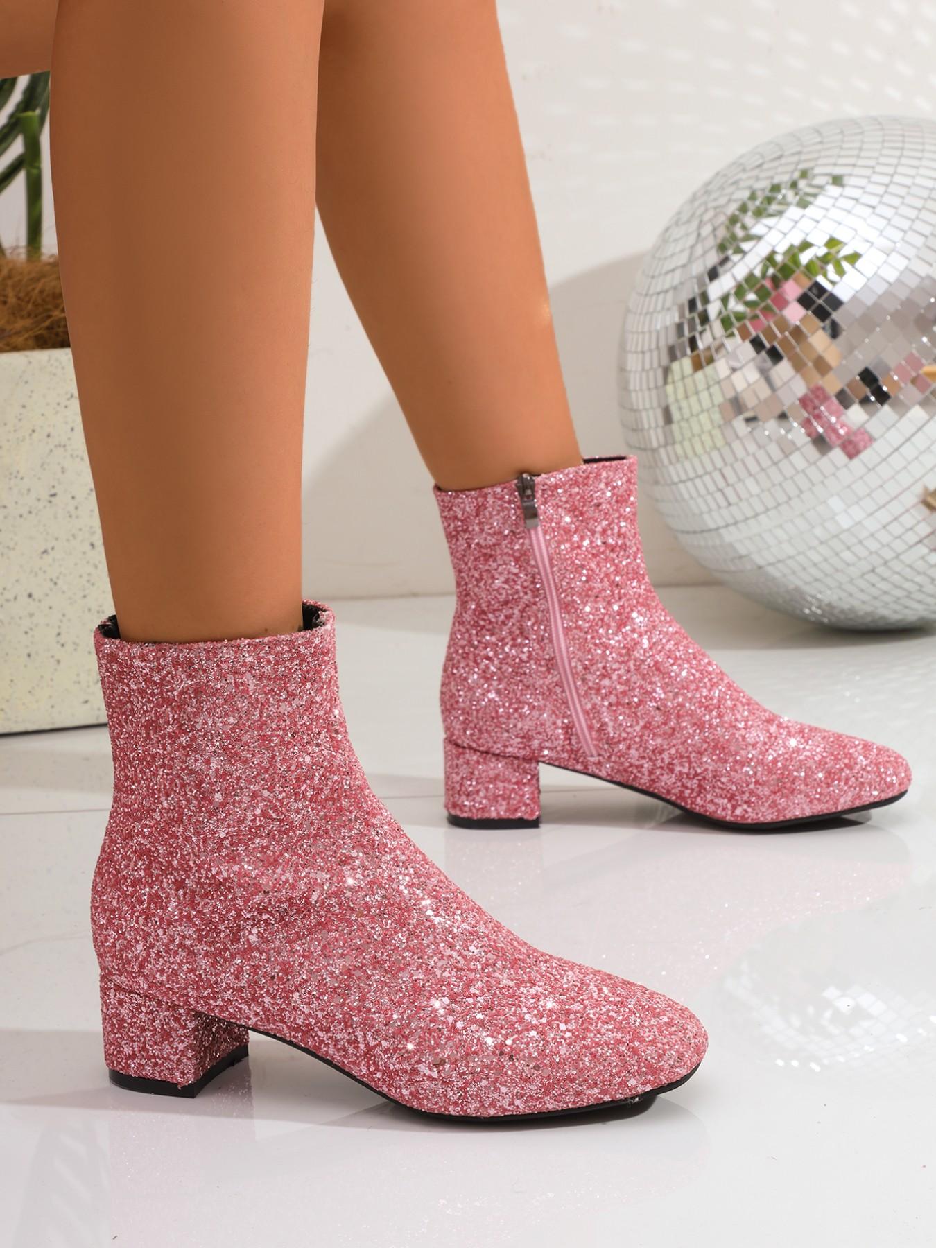 2026 New Sequined Chunky Heel Short Boots, Fashion Boots with Full Sequins, Zipper Design for Easy Wear, Perfect for Parties and Dates