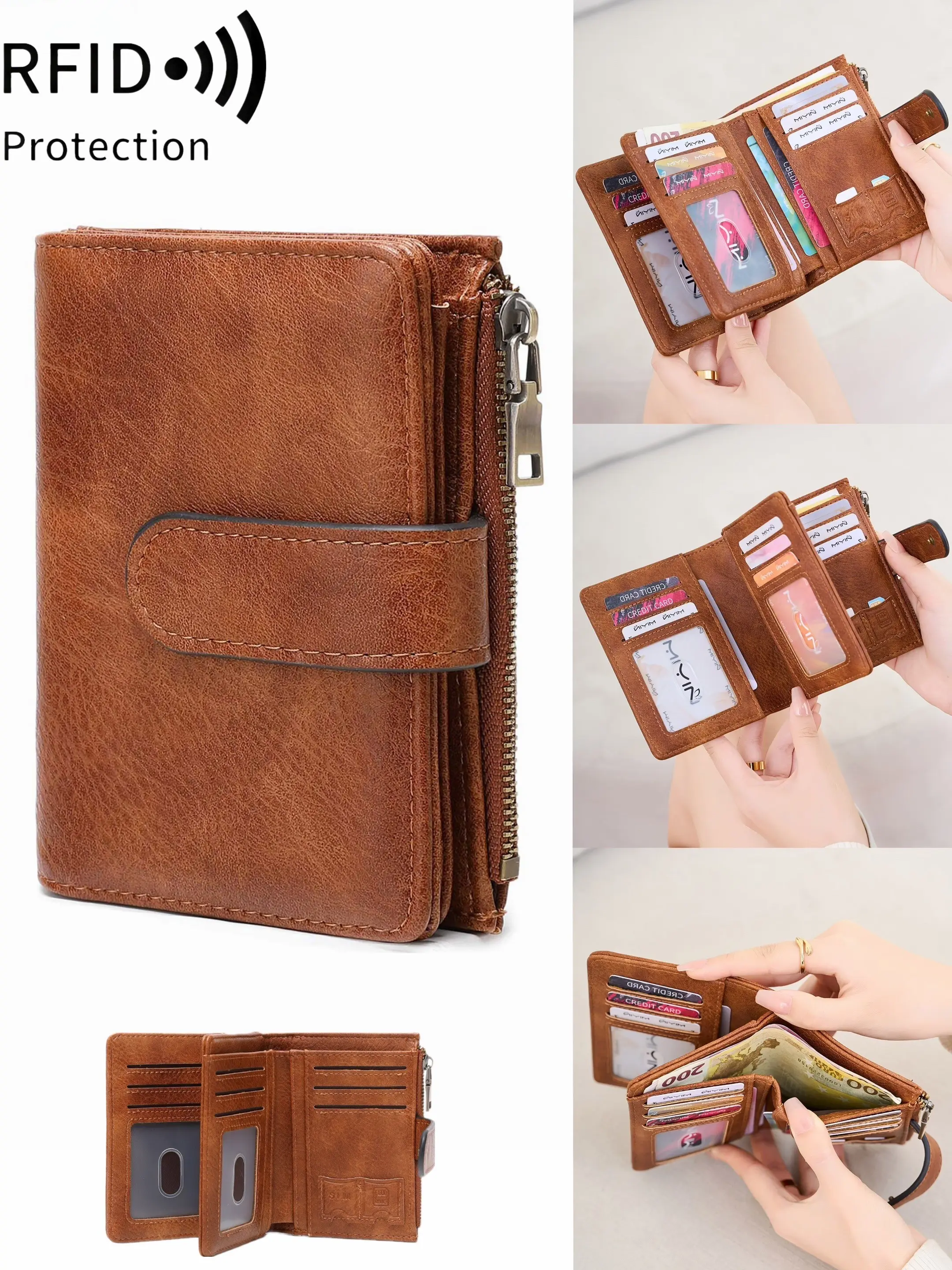 RFID Blocking Women Trifold PU Leather Wallet, Vintage Snap Buckle Compact Purse, Multi Card Slots Dual ID Window With Side Zipper Coin Pocket For Daily Travel