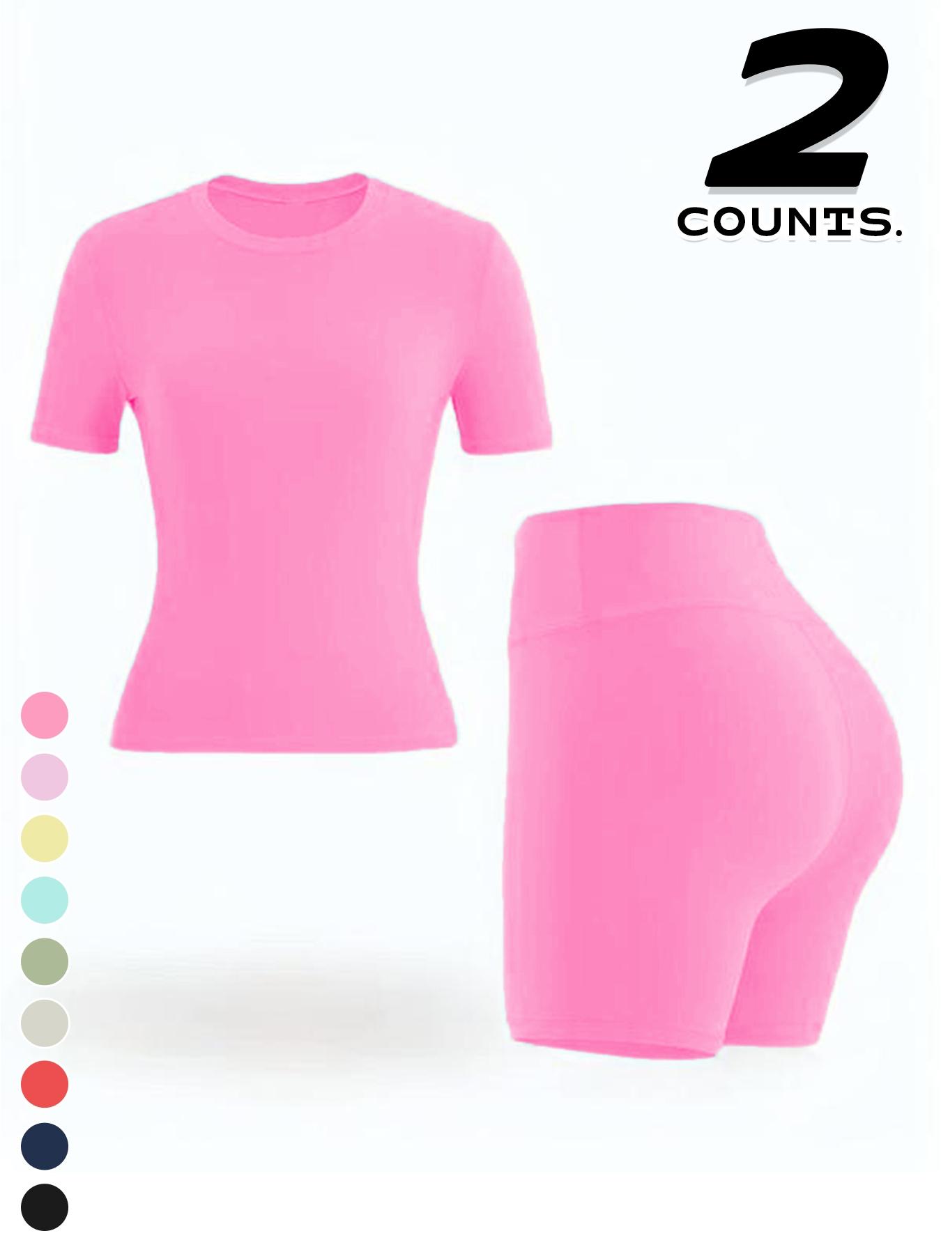 Women's Sport Yoga 2-Piece Set, Plain Short Sleeve T-Shirt and High Waist Shorts, Breathable Gym Running, All Seasons
