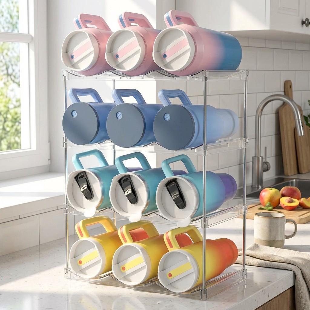 Multi-Layer Stackable 40oz Water Cup Storage Rack, Ps Plastic Wine Bottle Holder, Space-Saving, Dishwasher Safe, Ideal for Kitchen Dorm Office