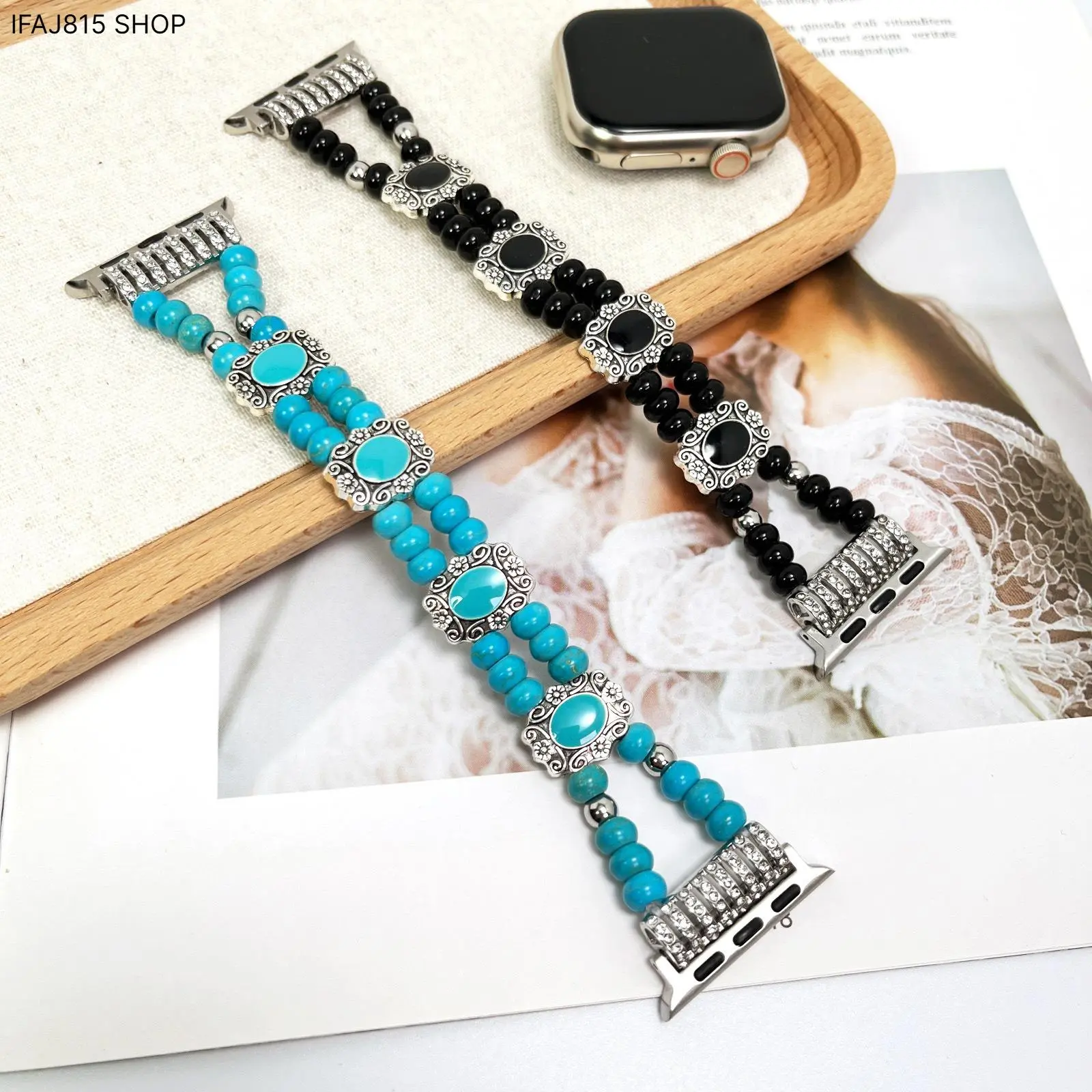Boho Beaded Apple Watch Band for Women, Double Row Turquoise & Black Agate Stretch Watch Strap, Handmade Natural Stone Elastic iWatch Band, Western Cowgirl Jewelry Style Smartwatch Wristband for Daily Wear, Travel, Work, Vacation & Gift Giving
