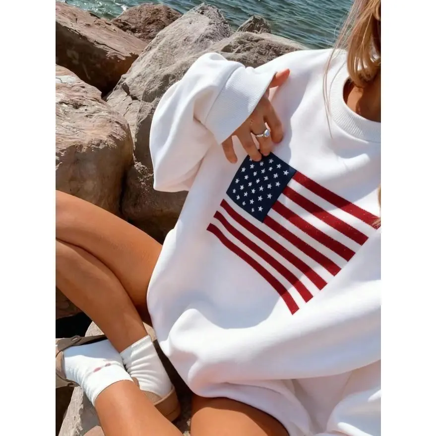 Casual Women's White Sweatshirt,American Flag Print Rib-Knit Round Neck Puff Sleeves Red White And Blue,Winter,Streetwear,Vacation,Independence Day