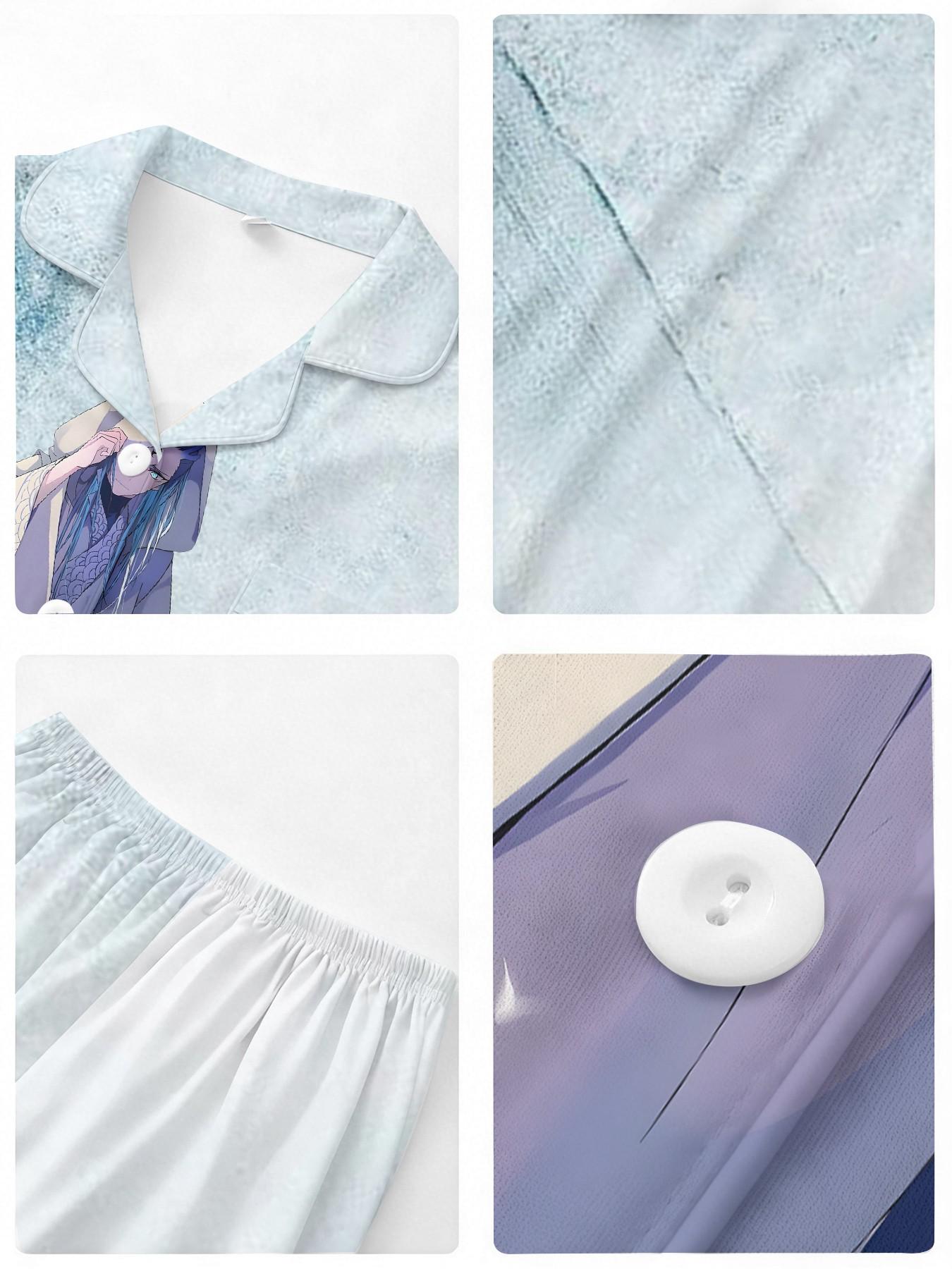 3D Ice Blue Anime Parent-Child Pajamas, Traditional Style 3D Print, Mother-Daughter Home Wear, Cool and Comfortable Sleepwear