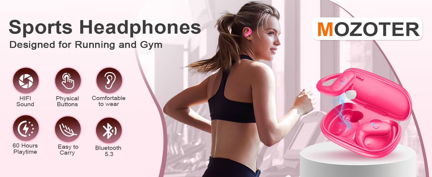Pink Wireless Bluetooth 5.3 Earbuds with Earhooks - Hifi Audio, Deep Bass, 60 Hours Playtime, Multi-Device Compatibility, Water Resistant, Redesigned Comfort Fit for Running, Workout