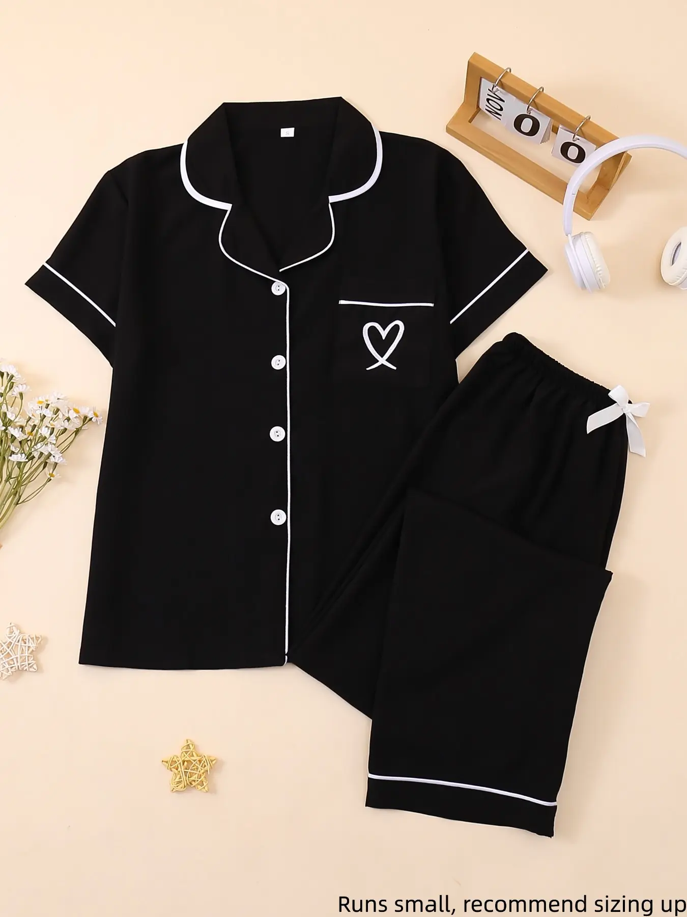 Women's Casual Fitted Sleepwear Set, Soft Fabric Heart Embroidery Pajama Set, Short Sleeves Plain Everyday Home Wear, Loungewear & Nightwear Set, All-Season Pjs, Homewear, Comfy Pajamas