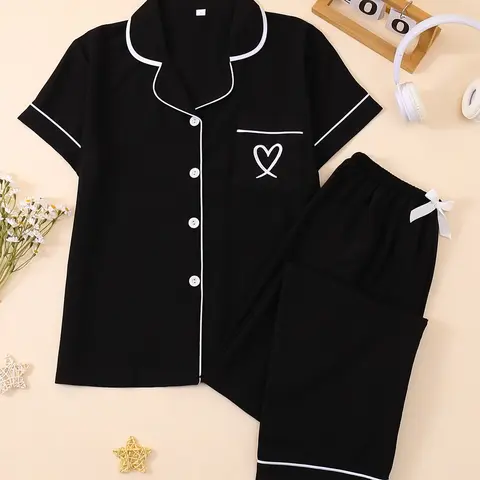 Women's Casual Fitted Sleepwear Set, Soft Fabric Heart Embroidery Pajama Set, Short Sleeves Plain Everyday Home Wear, Loungewear & Nightwear Set, All-Season Pjs, Homewear, Fitted Pyjama Set
