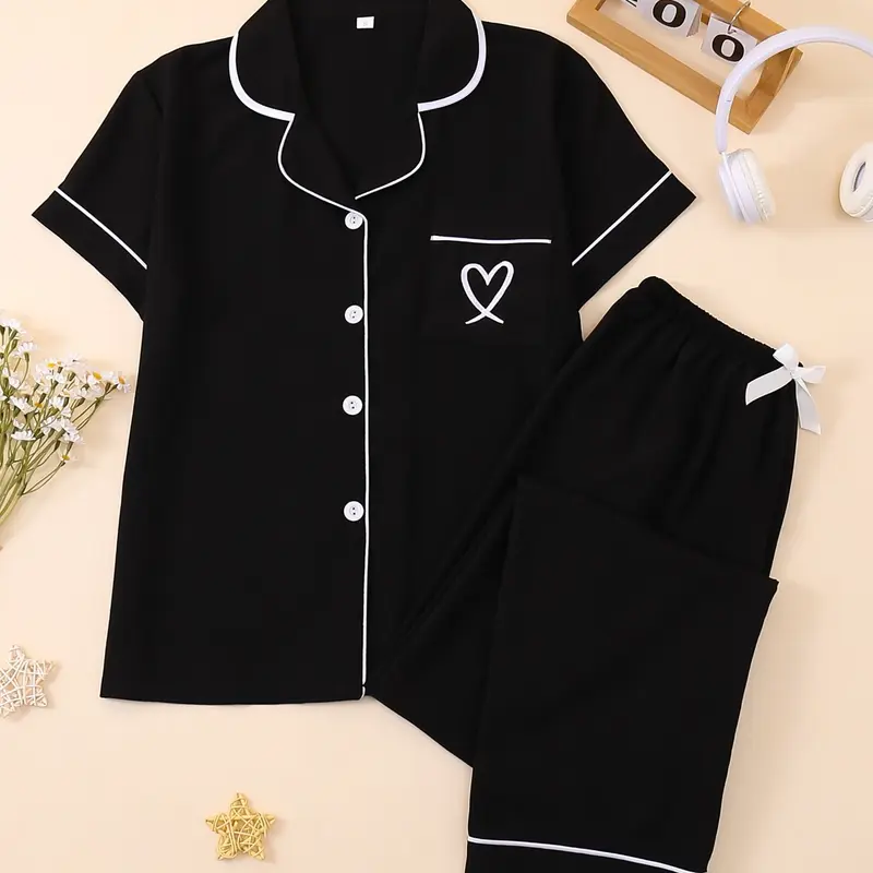 Women's Casual Fitted Sleepwear Set, Soft Fabric Heart Embroidery Pajama Set, Short Sleeves Plain Everyday Home Wear, Loungewear & Nightwear Set, All-Season Pjs, Homewear, Fitted Pyjama Set