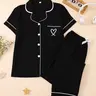 Women's Casual Fitted Sleepwear Set, Soft Fabric Heart Embroidery Pajama Set, Short Sleeves Plain Everyday Home Wear, Loungewear & Nightwear Set, All-Season Pjs, Homewear, Fitted Pyjama Set