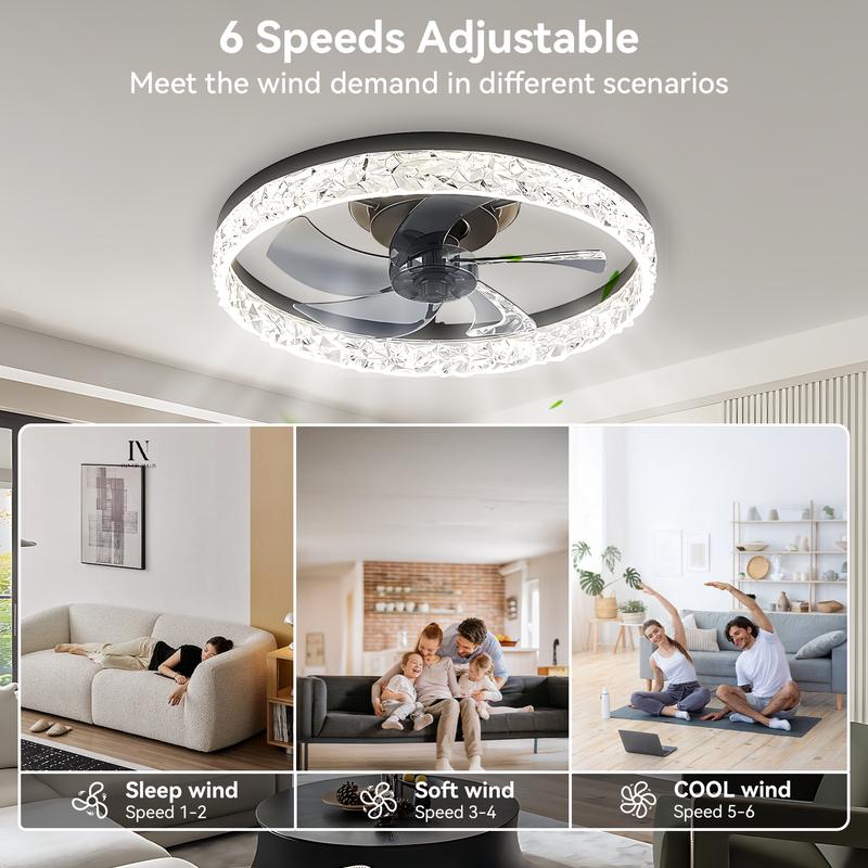GLITGATE Cristais Multifunctional Ceiling Fan with Light, Remote Control/APP, 6 Wind Speeds, Timer, Reversible DC Motor, Adjustable Brightness & 3 Color Temperatures, Low Noise for Living Room, Bedroom, Study, Elegant Lighting