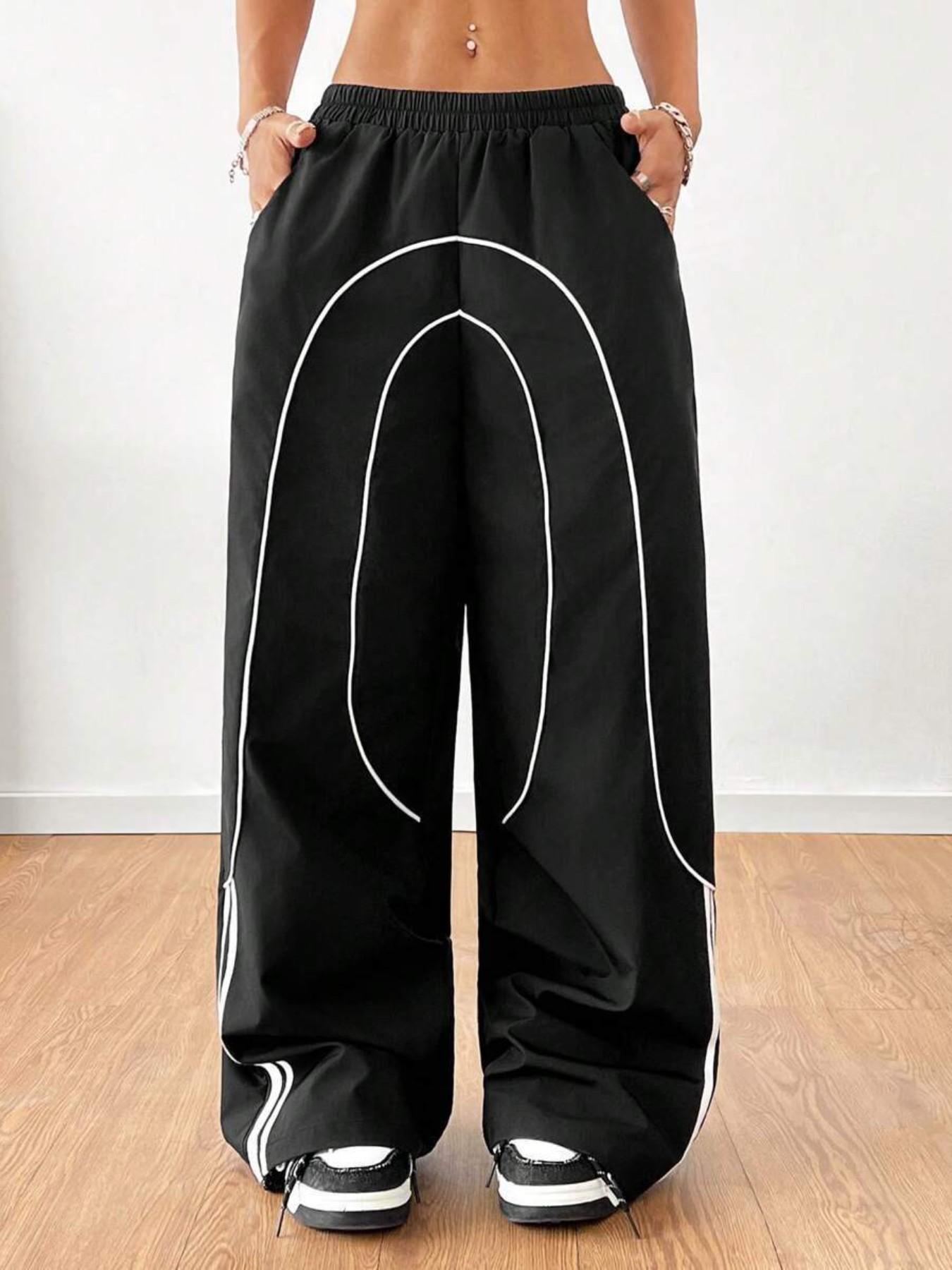Fashionable American High Street Style Patchwork Design Sporty Women's Long Pants, Loose-Fitting Drop Waist, Elastic Waist, All Seasons