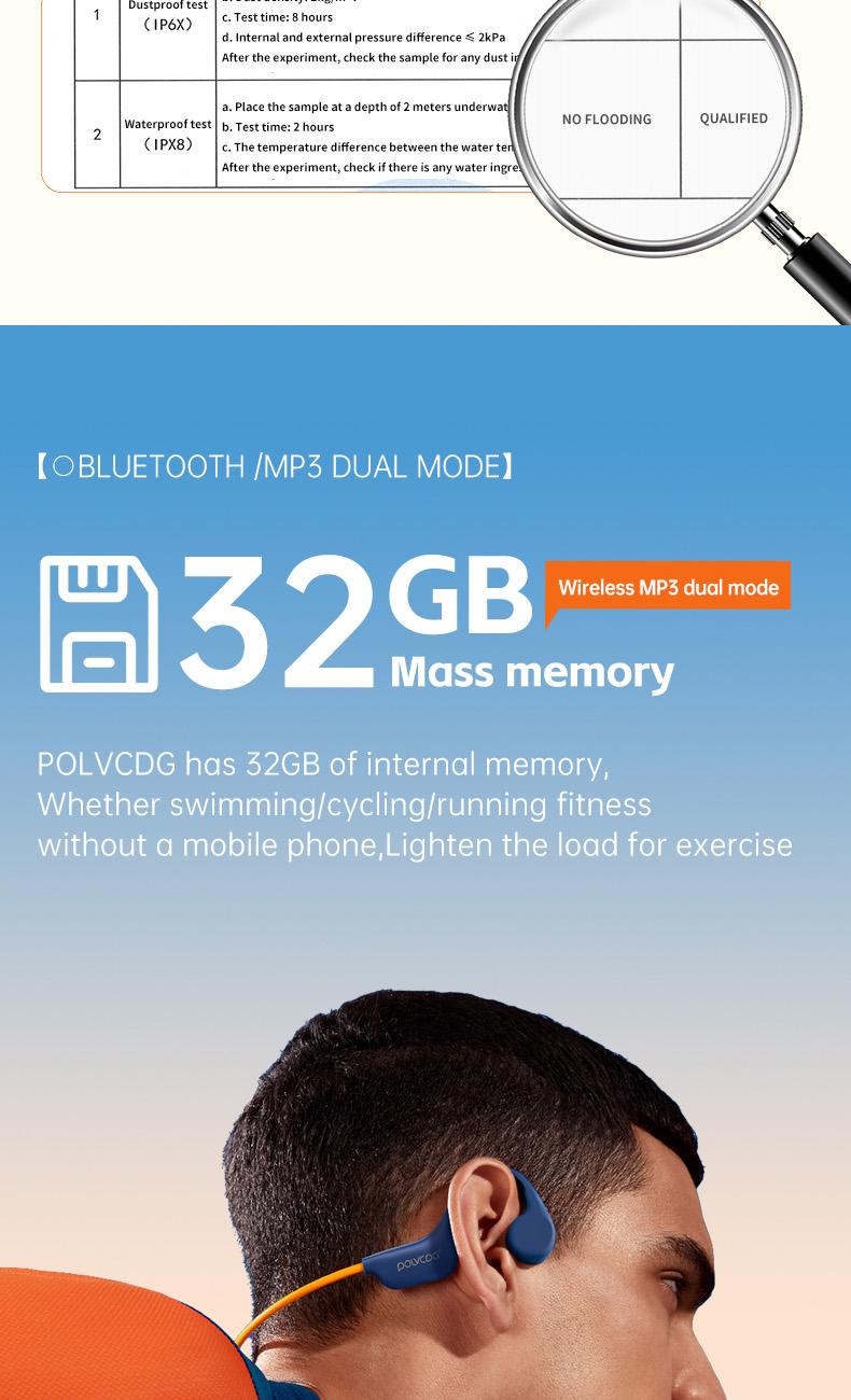 POLVCDG X6 wireless bone conduction headphones are deeply waterproof, 10 hours long battery life, 28g lightweight body 32GB large capacity.