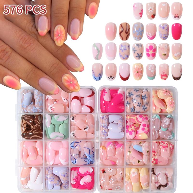 576pcs Short Oval Floral Print Fake Nails Set, Heart Bow Stripe Design, Glossy Finish, Reusable Press-On Nails for Women Girls 576pcs Short Oval Floral Print Fake Nails Set, Heart Bow Stripe Design, Glossy Finish, Reusable Press-On Nails for Women Girls