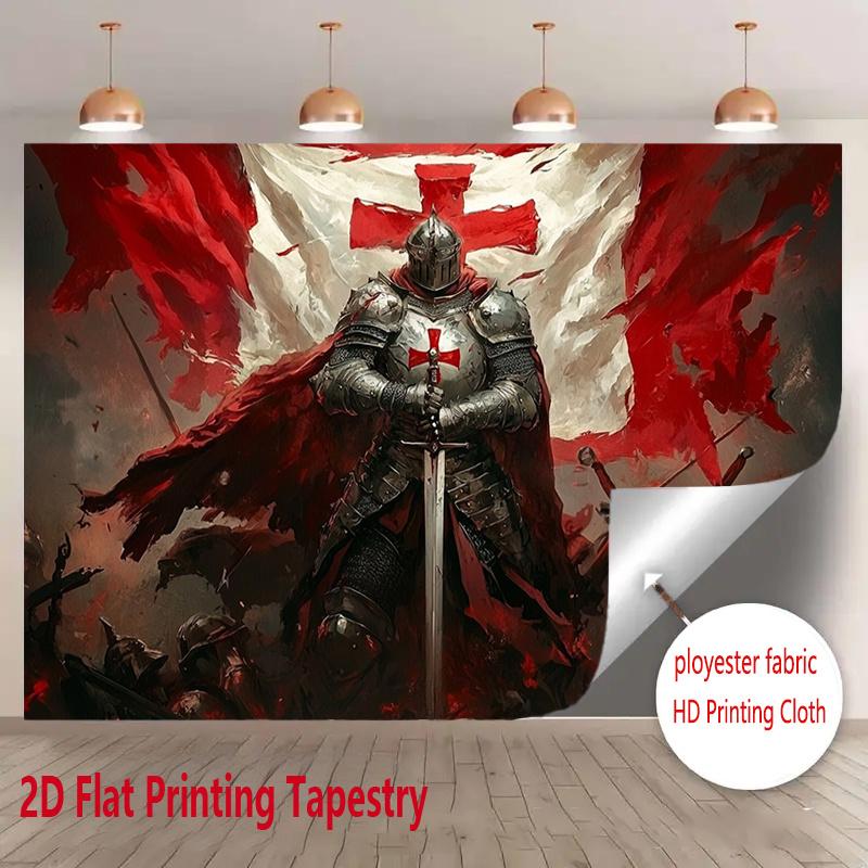 A 2D printed tapestry that is perfect for holiday party decoration. This polyester background fabric showcases medieval knight designs and Crusader patterns, suitable for hanging in various spaces such as homes.
