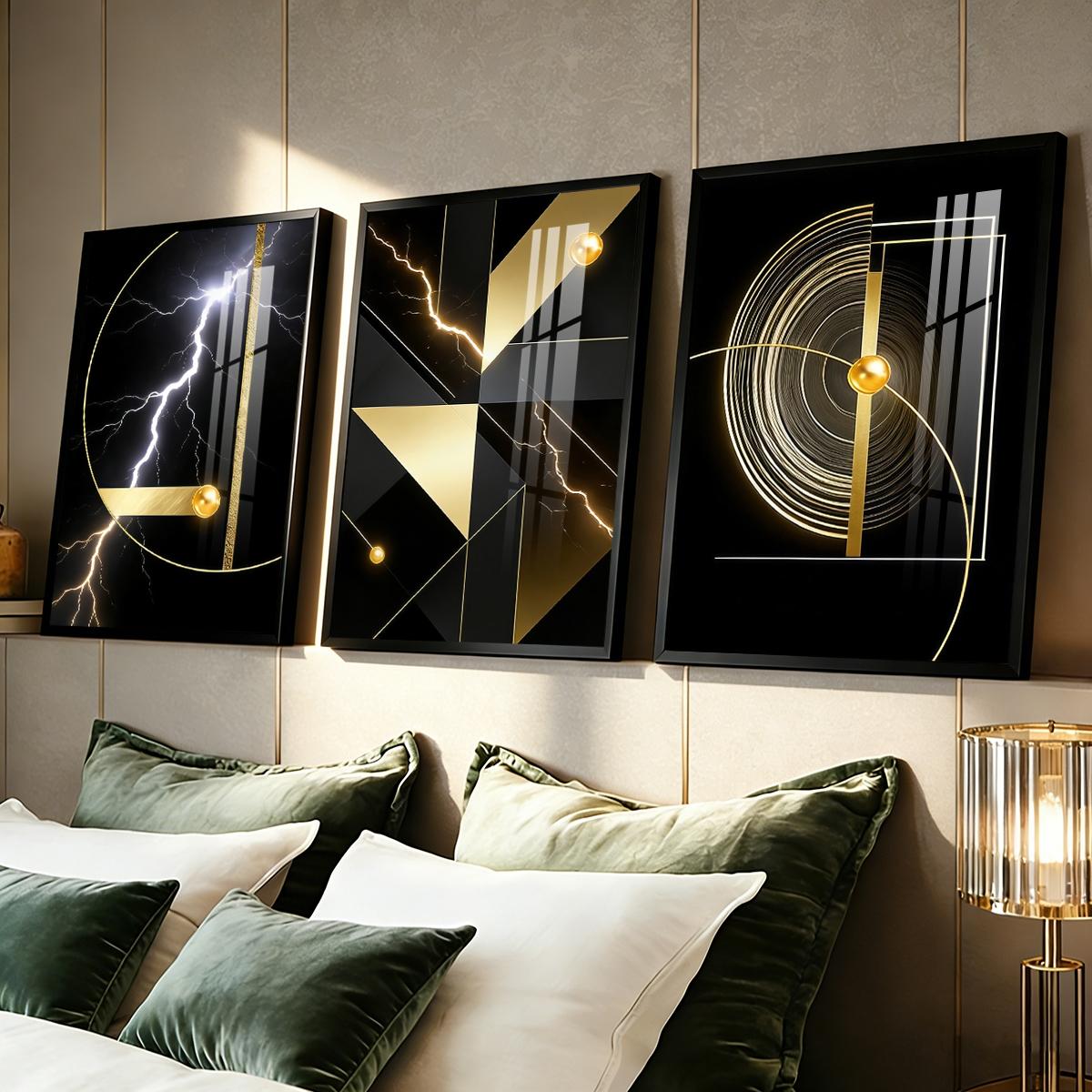 3 Counts Aluminum Alloy Framed Painting, Abstract Golden Geometric Lightning Art Pictures, Home Decoration For Living Room, Bedroom, Office, Restaurant, Hallway Wall Decor, Odorless Print Artwork, Luxury Perfect Gift For Friends And Family