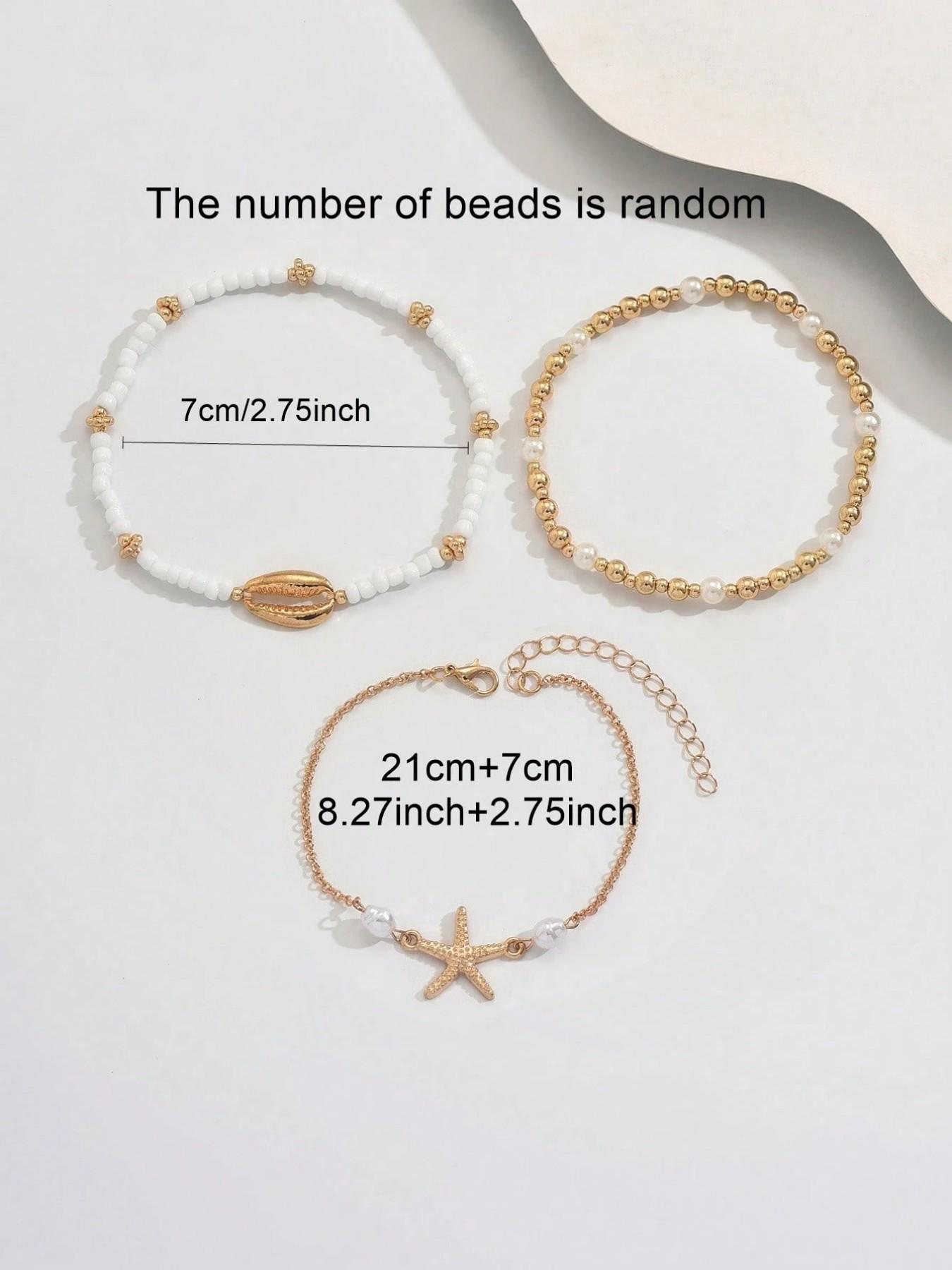 6 Pcs Boho Ocean Style Beaded Imitation Pearl Ccb Metal Star Shell Ankle Bracelet Set, Elastic Fit for Most Ankles, Women's Daily & Festival Wear