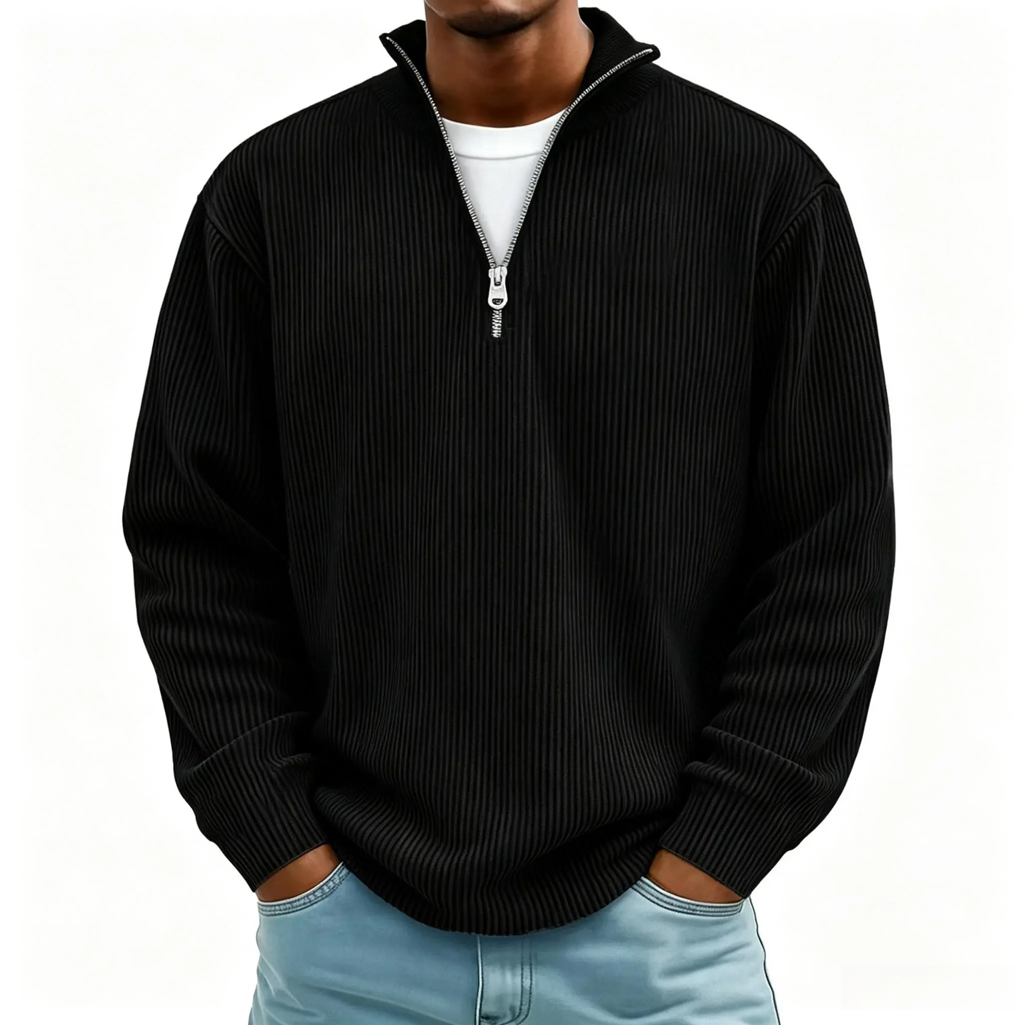 1/2 Pack Men's Corduroy Long-Sleeve Pullover with a Stand Collar and Quarter-Zip Closure, Designed as Versatile Clothing for Men for Everyday Casual Layering and Comfort.