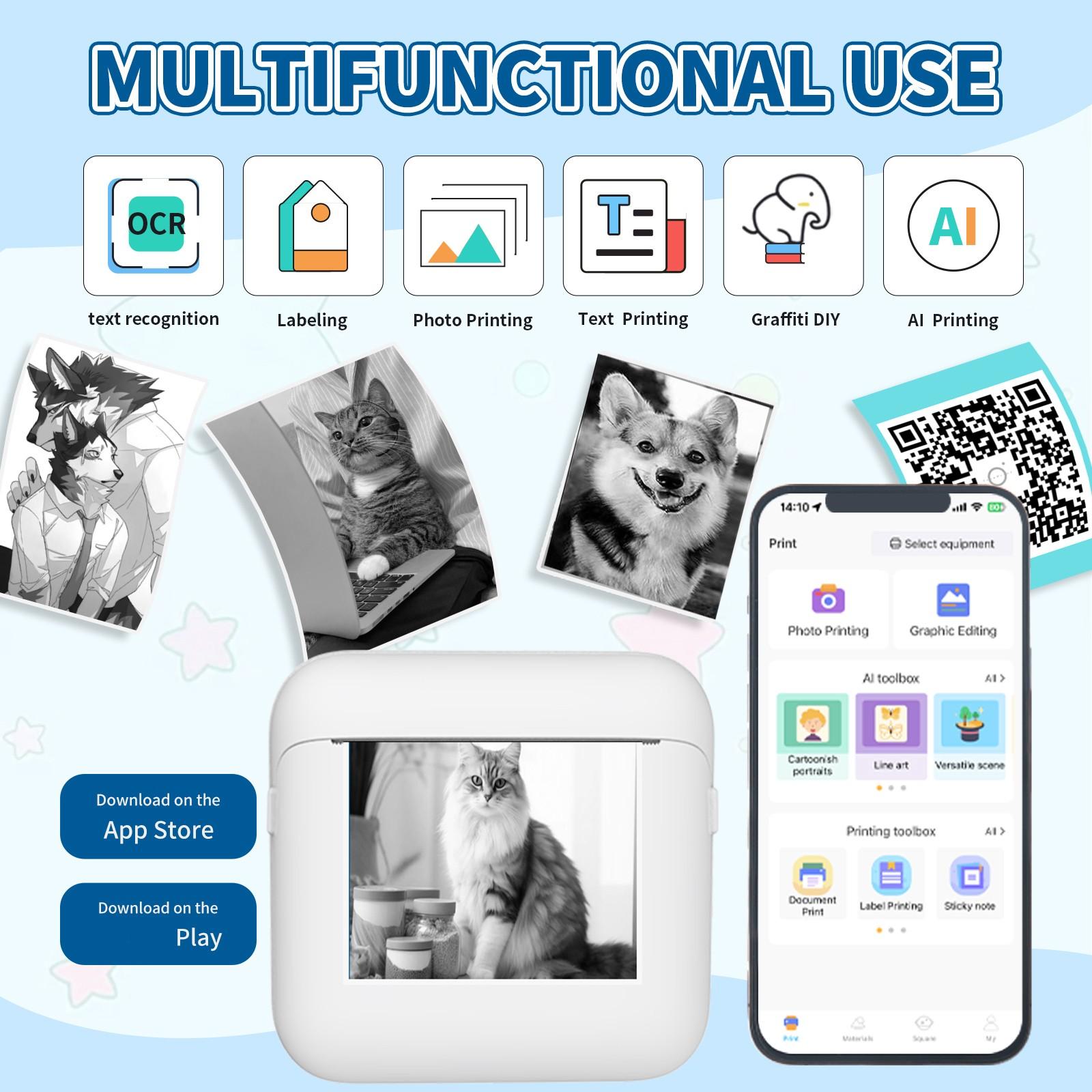 Portable Wireless Mini Printer, Thermal Inkless Pocket Printer, Compatible with iOS and Android, Ideal for Photos, DIY Projects