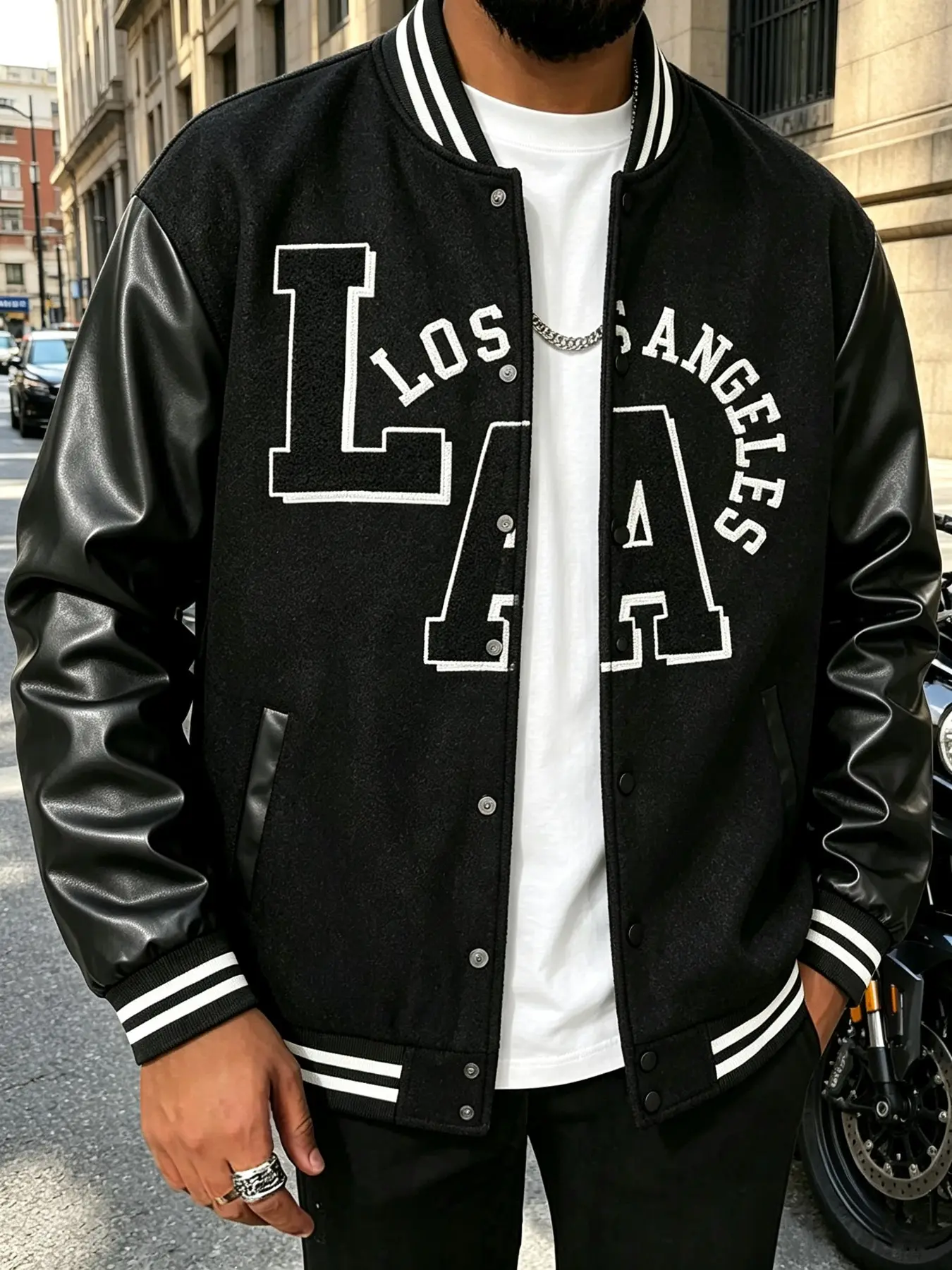 Men La Los Angeles Letter Embroidery Varsity Jacket, Faux Leather Sleeve, Loose Baseball Coat, Outdoor Sports & Daily Streetwear