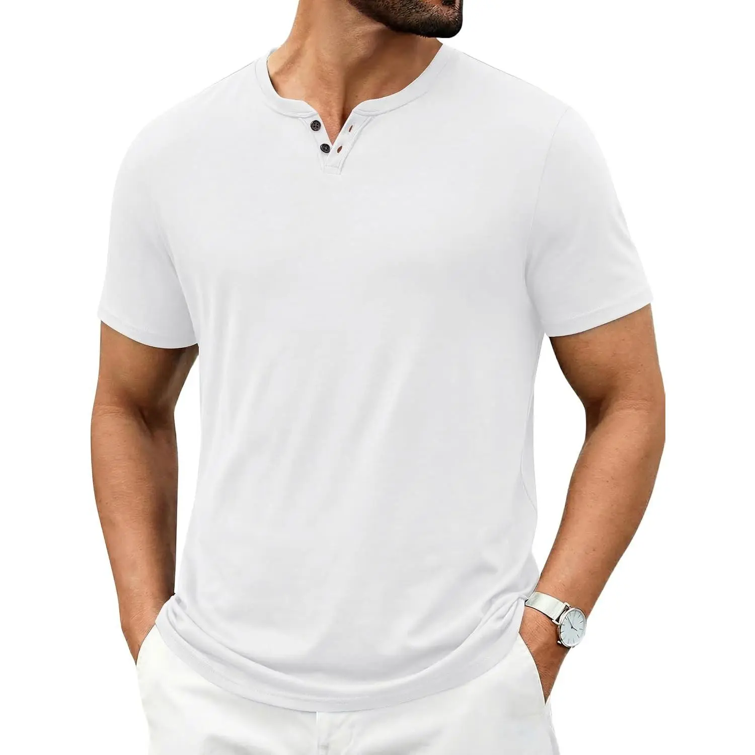 Men's Casual V-Neck Short Sleeve T-Shirt Soft Notch Neck Classic Plain TeeGift