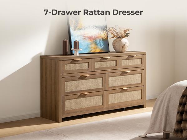 SICOTAS 7 Drawer Dresser for Bedroom, 57" Wide Rattan Dressers for Nursery, Living Room TV Stand, Boho Closet Organizer Chests of Drawer, Clothes Storage Chest, Versatile Usage for Every Room, Durable