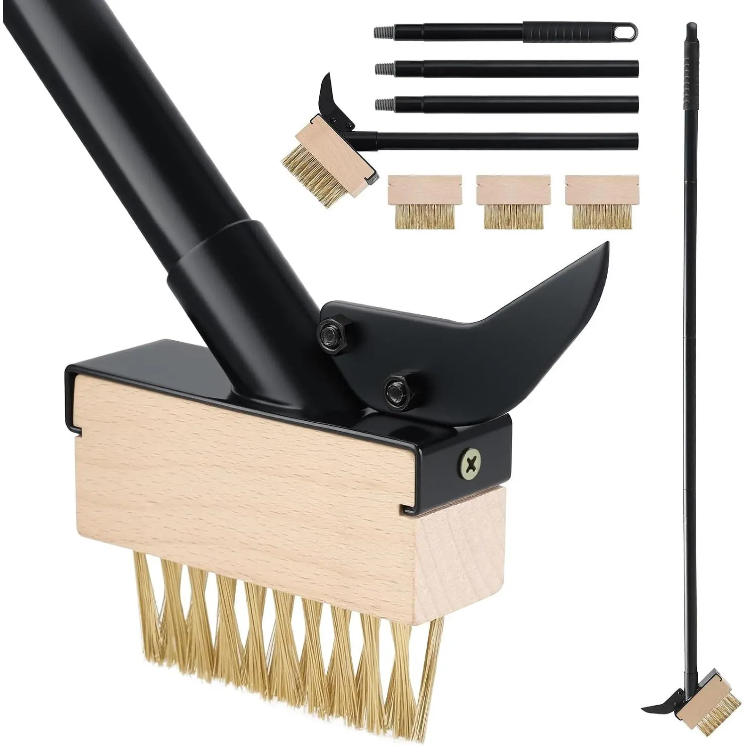 Weed Moss Remover Brush with Long Handle(57IN), Crack Weeder Moss Removal Tool with Wire Brush & Scraper, Weed Puller Crevice Cleaning, Remove Weeds on Roof Deck Driveway Paver(4 Brushes)
