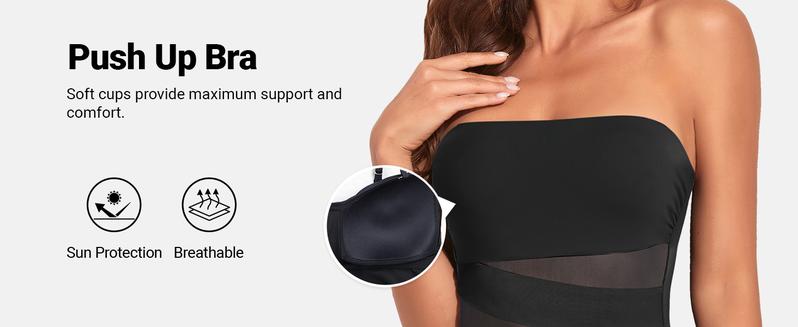 Holipick Women Strapless Bandeau One Piece Swimsuits Sexy Mesh Cutout Bathing Suits Tummy Control Swimwear