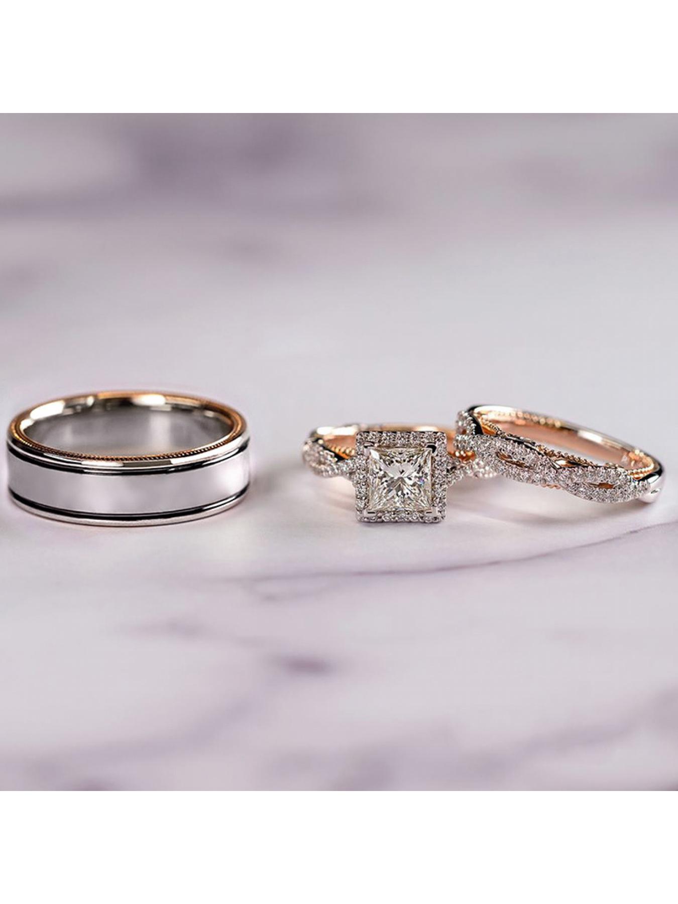 Three-piece ring - Rose gold multi-color shining zirconia ring - Exquisite engagement ring for European and American ladies