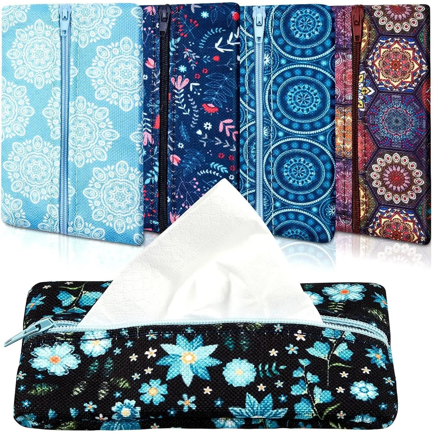 5-Piece Reusable Cloth Pocket Tissue Holder Organiser, Zipper-Enclosed Small Travel Pouch with Flower Pattern, 5.25x3 In, for Purse Coins, Floral Decoration Accessory for Christmas