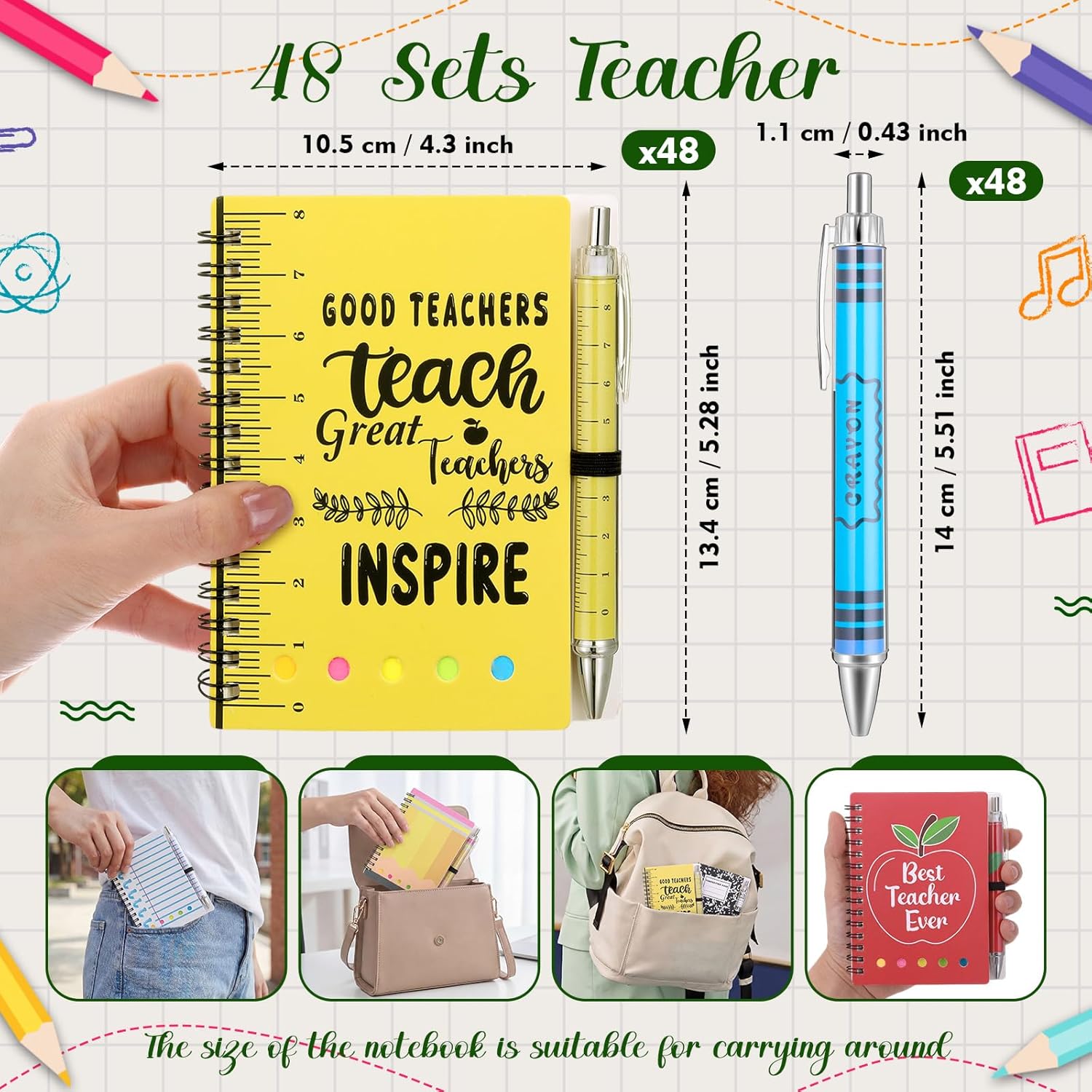 48 Sets Teacher Appreciation  Bulk Inspirational Spiral Notebook Journal Ballpoint Pens Thank You  from Students for School Office Graduation Women Employee Staff Supplies