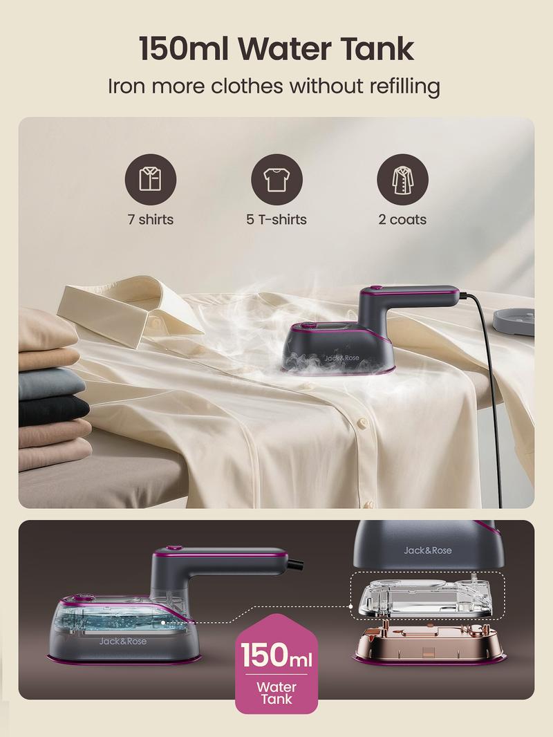 Jack&Rose Newest 2-in-1 Steam Iron & Clothes Steamer - Handheld Portable Garment Wrinkle Remover, Fast Heat-Up, Large Soleplate, 150ml Water Tank - Lightweight for Home, Travel, and Office Use