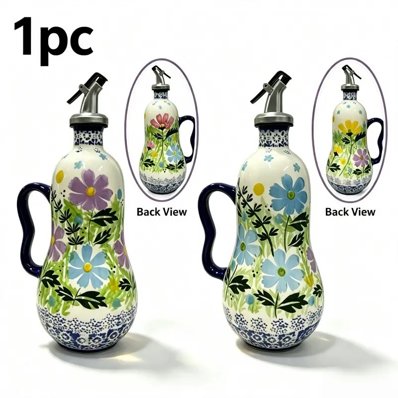 1Pc 700ML Ceramic Olive Oil Dispenser Bottle Vinegar Cruet Boho Farmhouse Stoneware Wildflower Floral Aesthetic With Handle Stainless Steel Pourer Leakproof Spout Hand Painted Kitchen Salad Cooking Table Gift TikTok Shop
