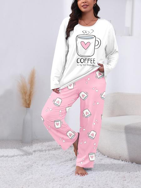 【Plus Size】 Two-piece Set Heart & Letter Print Tee & Pants Pajama, Casual Comfy Round Neck Long Sleeve T-shirt & Trousers Pajama Set, Women's Sleepwear for All Seasons