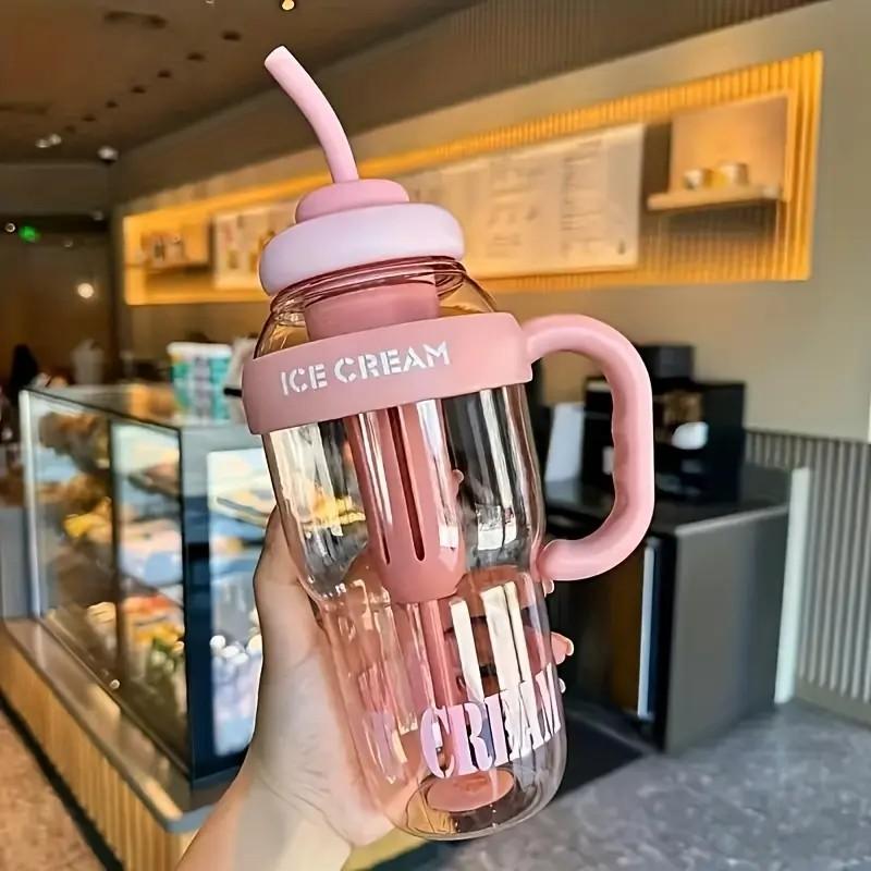 1200ML Thermal Water Bottle with Tea Infuser and Straw, Large Handle, High Capacity, Cute, Dustproof, Summer Water Cup for Women and Students, Large Water Bottle, Lucky King Ice Water Cup