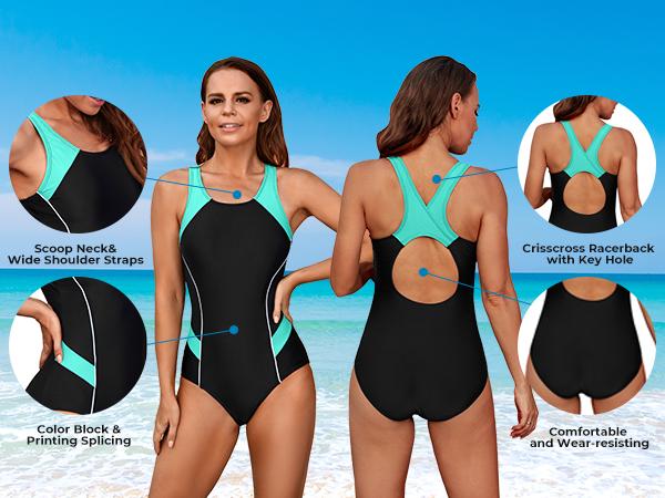 Tempt Me Women One Piece Swimsuits Athletic Racerback Swimwear Training Exercise Slimming Bathing Suit Sporty Womens Racing Swimsuits One Piece Bath Suit for Teens Girls Swimming Suit Color Block