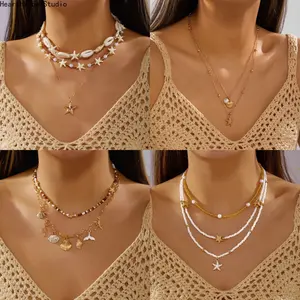Mermaidcore Layered Starfish Necklace Set | Detachable High-Luster Pearl & Seashell Pendant Chain, Hypoallergenic Aesthetic Beach Vacation Jewelry Gift