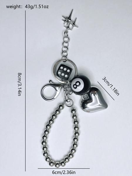 Personalized metal dark style street cool beaded keychain, DIY handmade keychain pendant four-pointed star dice bag pendant 8 ball element peach heart keychain pendant, small and exquisite versatile bag small object pendant Keychain For Bags